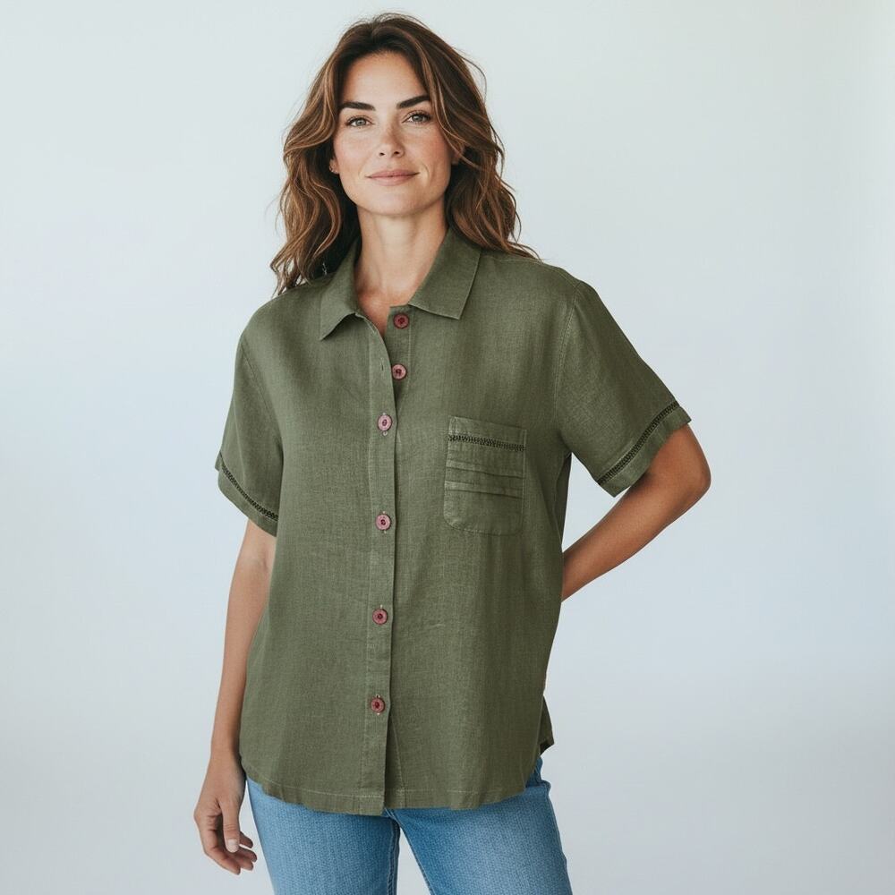Hot Cotton Marc Ware Olive Green Linen Short Sleeve Top Blouse Size Medium